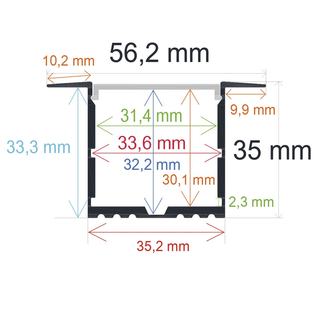 Barra de perfil de empotrar de 56,2 x 35 mm. (n 165635)