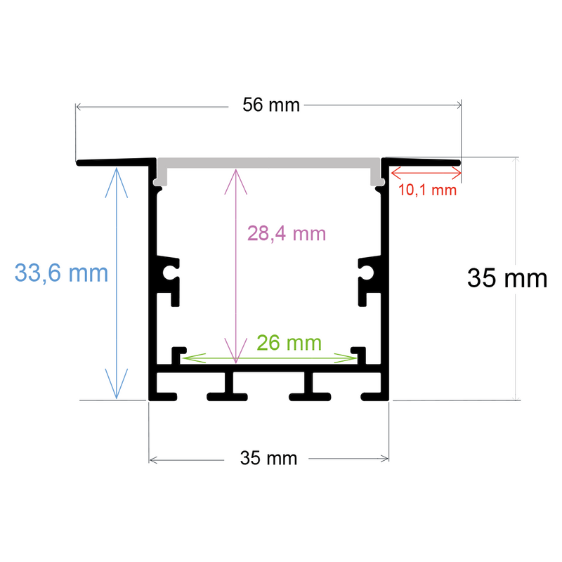 Perfil LED para empotrar o colgar de 56 mm x 35 mm