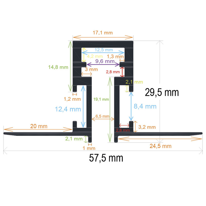Perfil LED empotrable de 57,5 mm x 29,5 mm x 1 metro