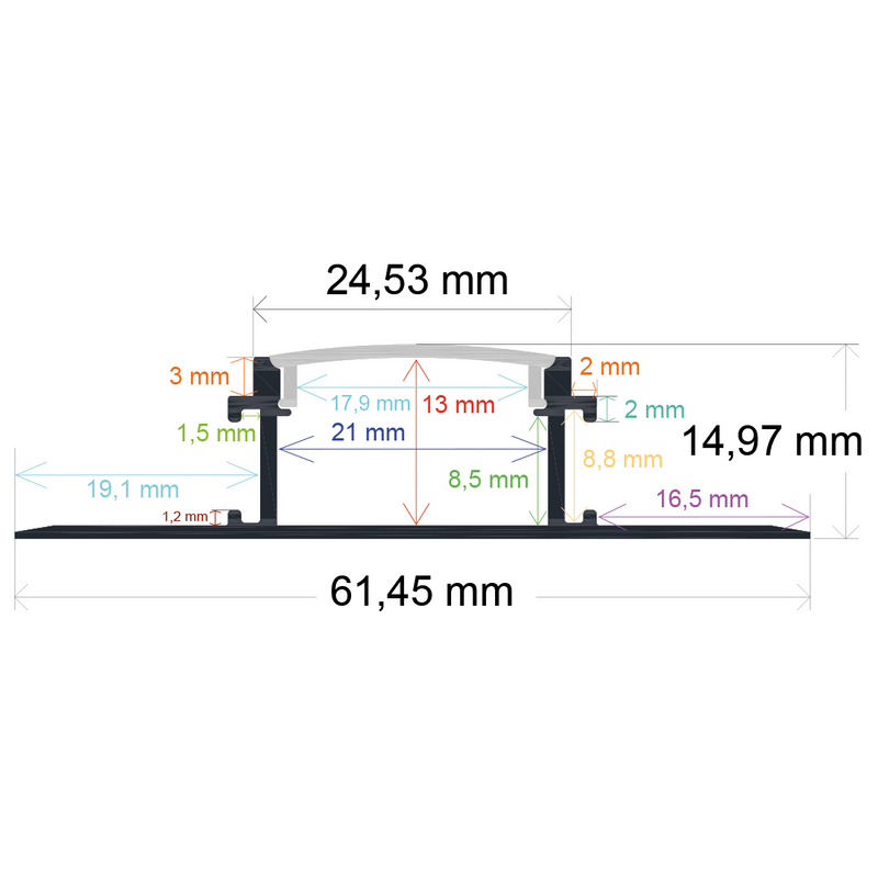 Perfil LED para empotrar en una obra de 61,45 mm x 14,97 mm