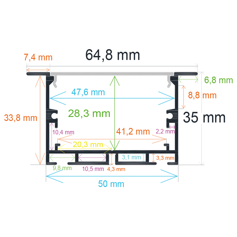 Perfil LED empotrable de 64,8 mm x 35 mm