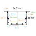 Eingebautes LED-Profil, 64,8 mm x 35 mm