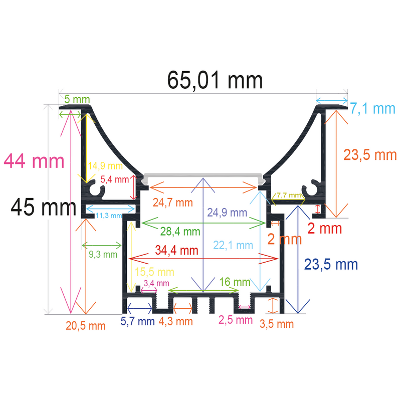 Perfil LED cóncavo para empotrar en techos o paredes de 65,01 mm x 45 mm