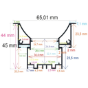 Perfil LED cóncavo para empotrar en techos o paredes de 65,01 mm x 45 mm