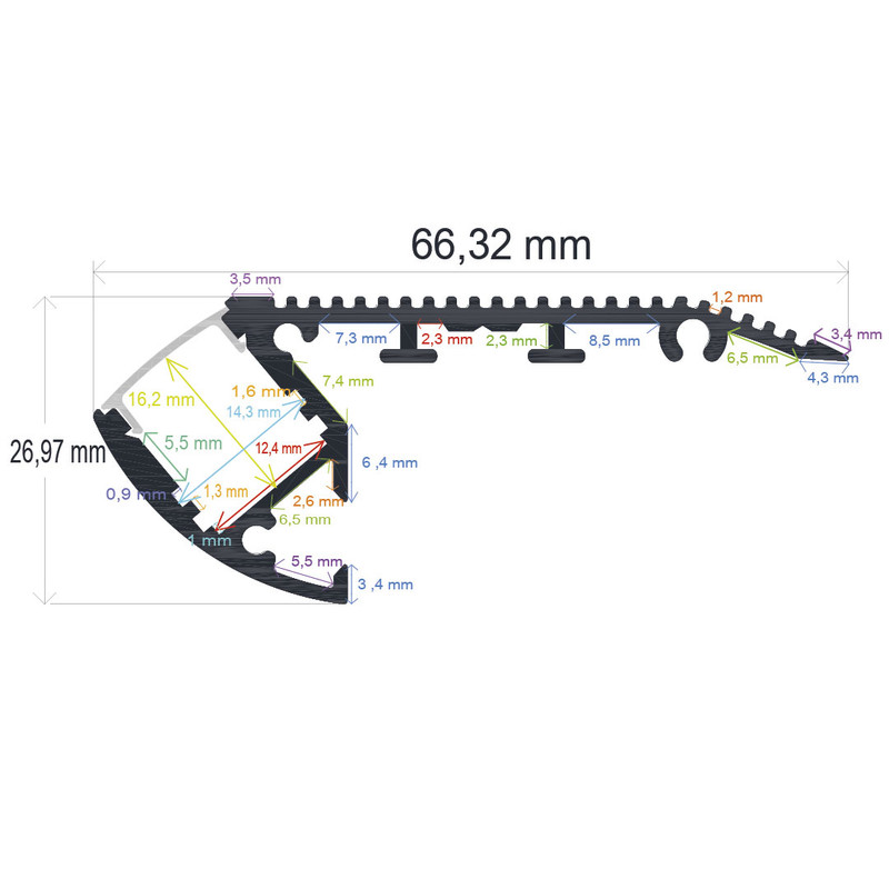 Perfil LED para escaleras de 66,32 mm x 26,97 mm