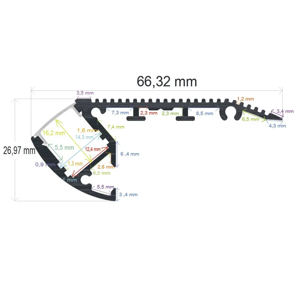 Profilé LED pour escaliers, 66,32 mm x 26,97 mm