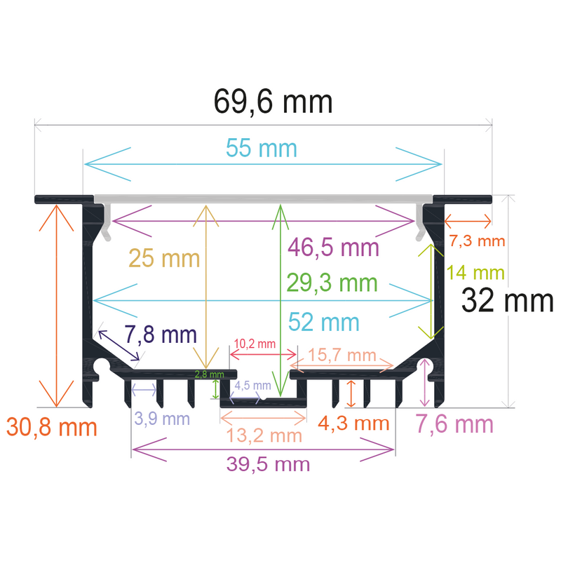 Perfil LED empotrable en techos o paredes de 69,6 mm x 32 mm