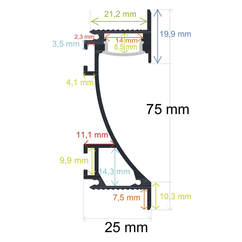 Perfil LED para paredes y rodapiés de 75 mm x 25 mm