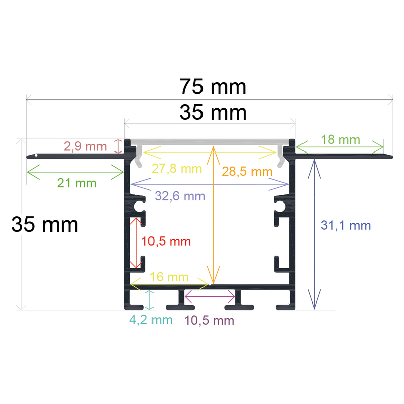 Perfil LED para empotrar en una obra con opción colgante de 75 mm x 35 mm