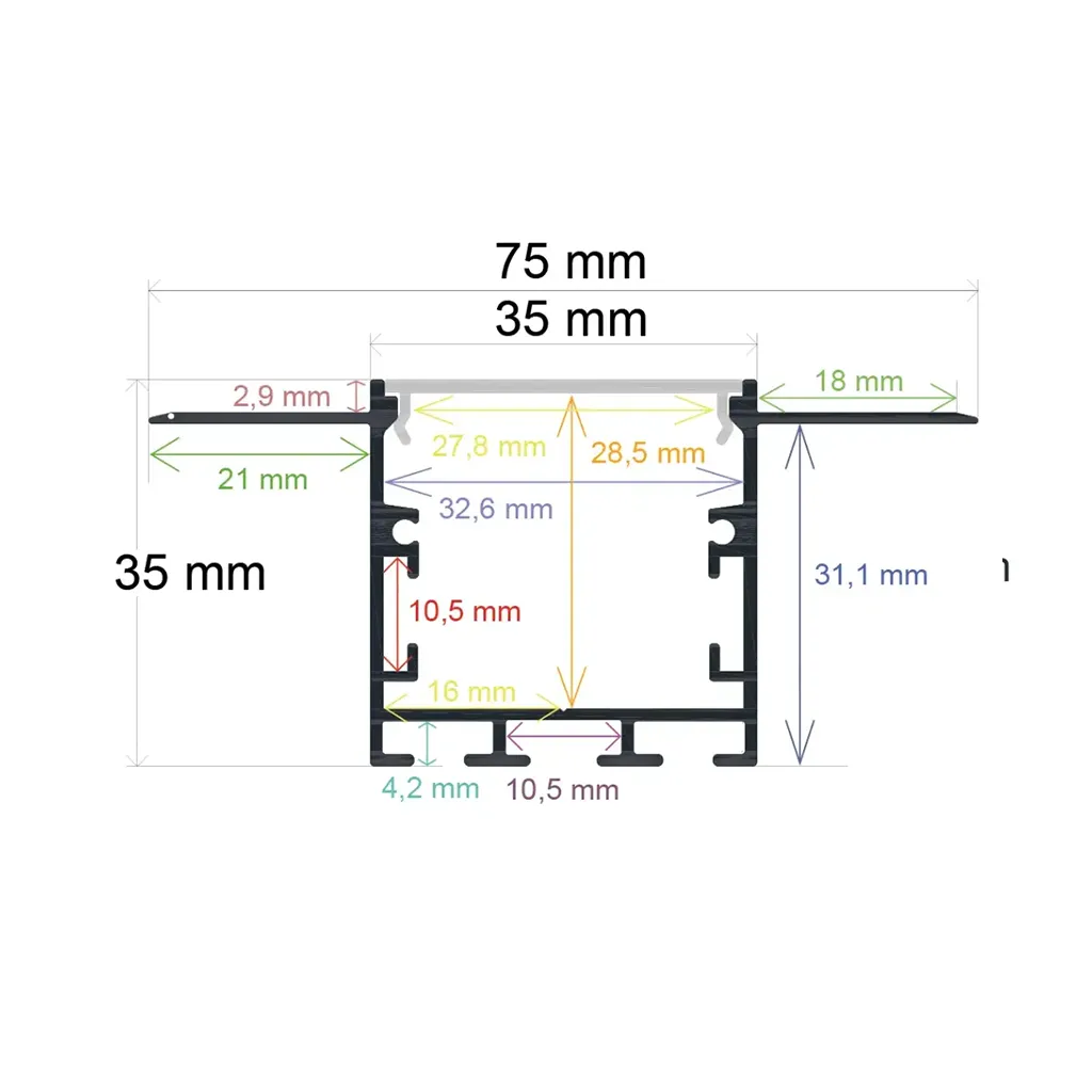 Profilé LED à encastrer avec option suspendue, 75 mm x 35 mm