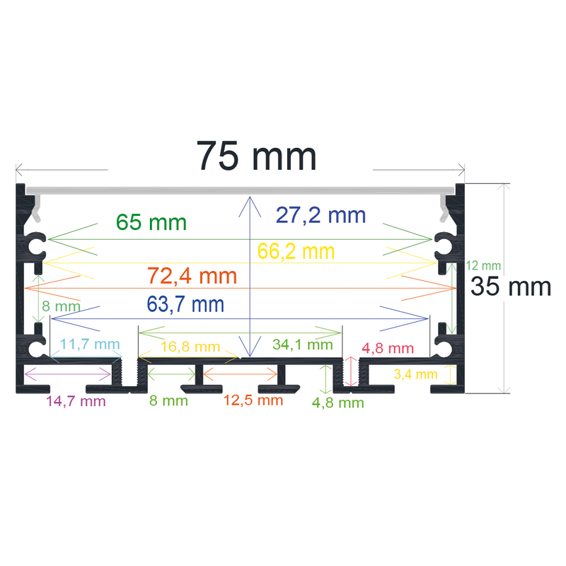 Perfil LED colgante de 75 mm x 35 mm