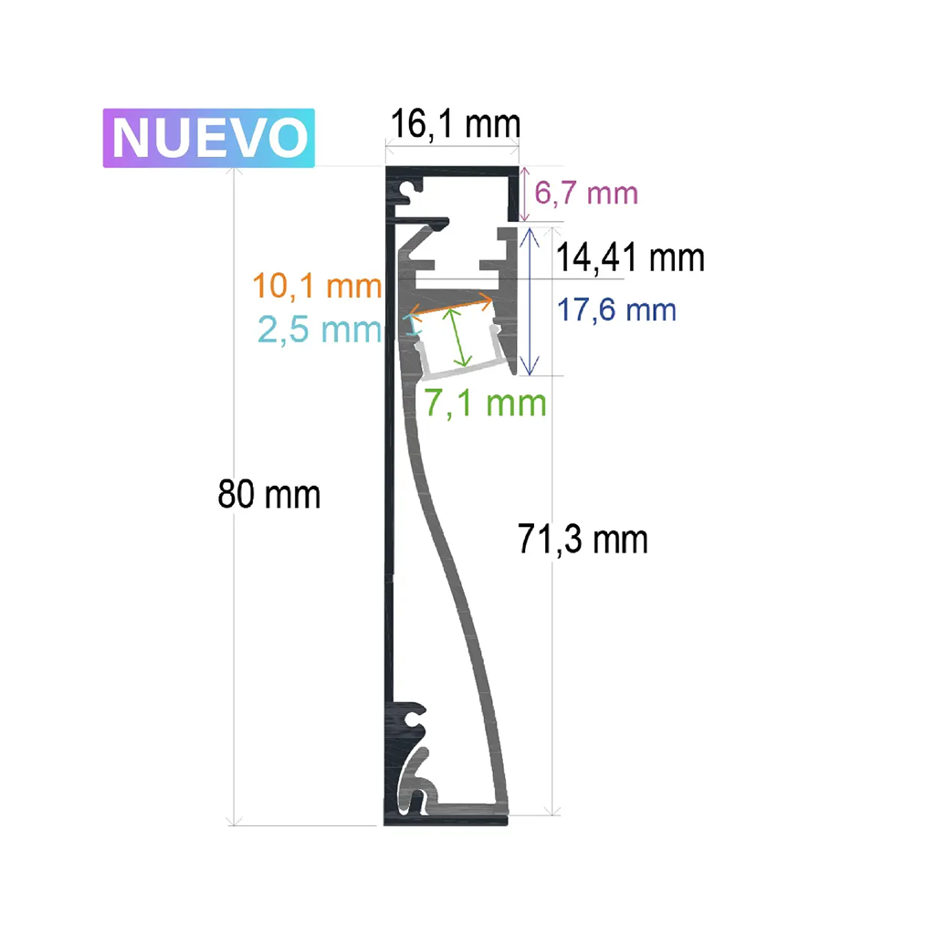 LED profile for skirting board or wall 80 mm x 16.1 mm 