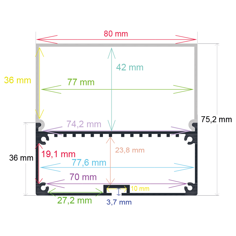Perfil LED de superficie con opción colgante de 80 mm x 75,2 mm