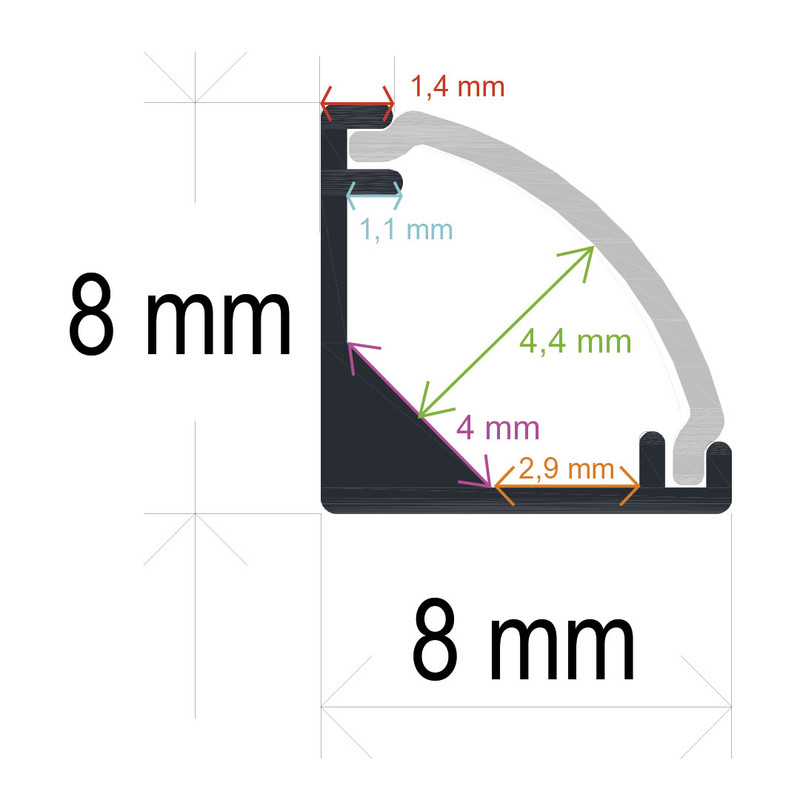 Perfil LED extrafino de esquina con el difusor curvo de 8 mm x 8 mm
