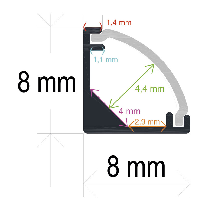 Profilo LED angolare ultra sottile con diffusore curvo, 8 mm x 8 mm