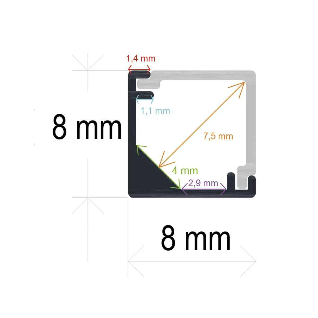 Profilo LED angolare ultra sottile con diffusore ad angolo retto, 8 mm x 8 mm