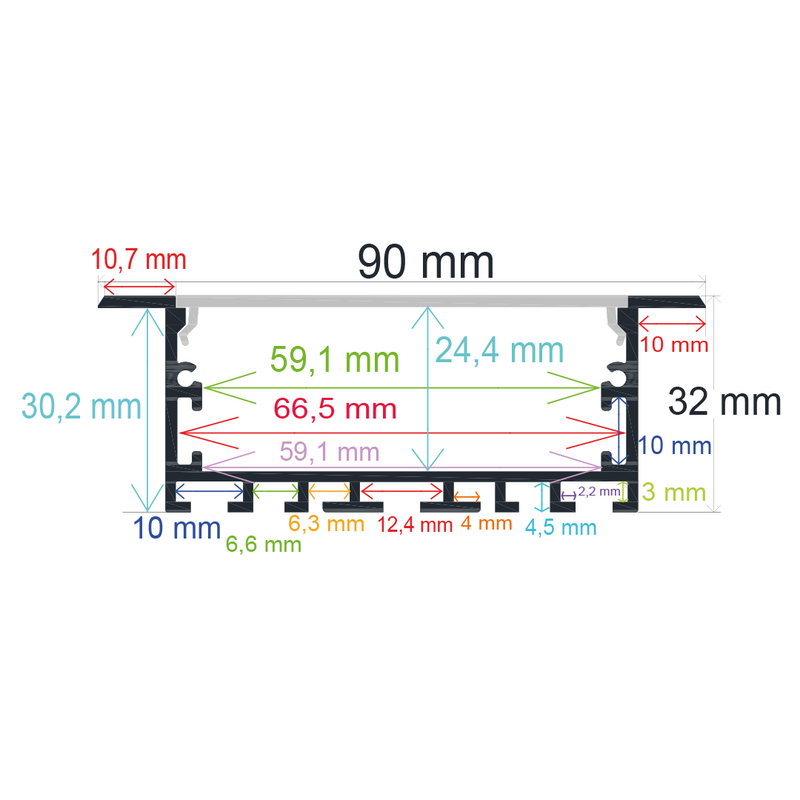 Perfil LED para empotrar de 90 mm x 32 mm