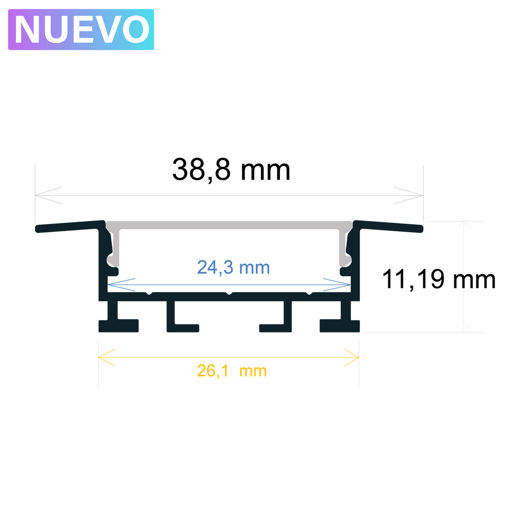 Perfil LED para empotrar de 38 mm x 11 mm
