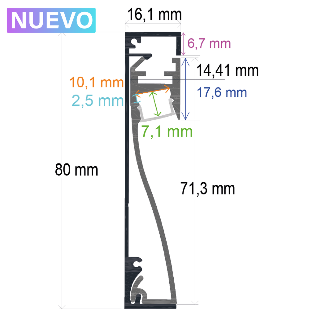 Perfil LED Blanco para rodapié o pared de 80 mm x 16,1 mm