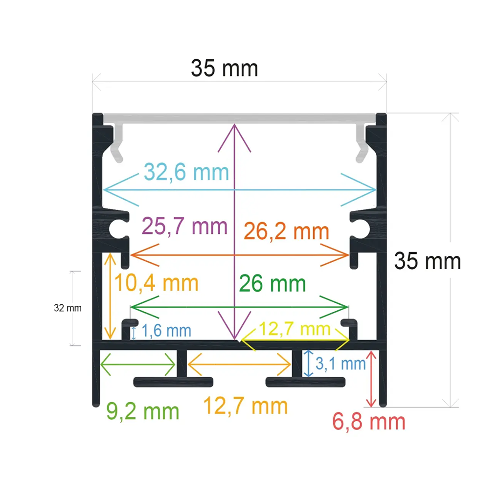 Black surface-mounted LED profile with pendant option, 35 mm x 35 mm