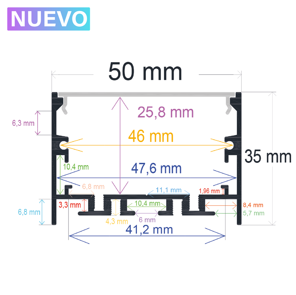 Perfil LED de superficie blanco con opción colgante de 50 mm x 35 mm