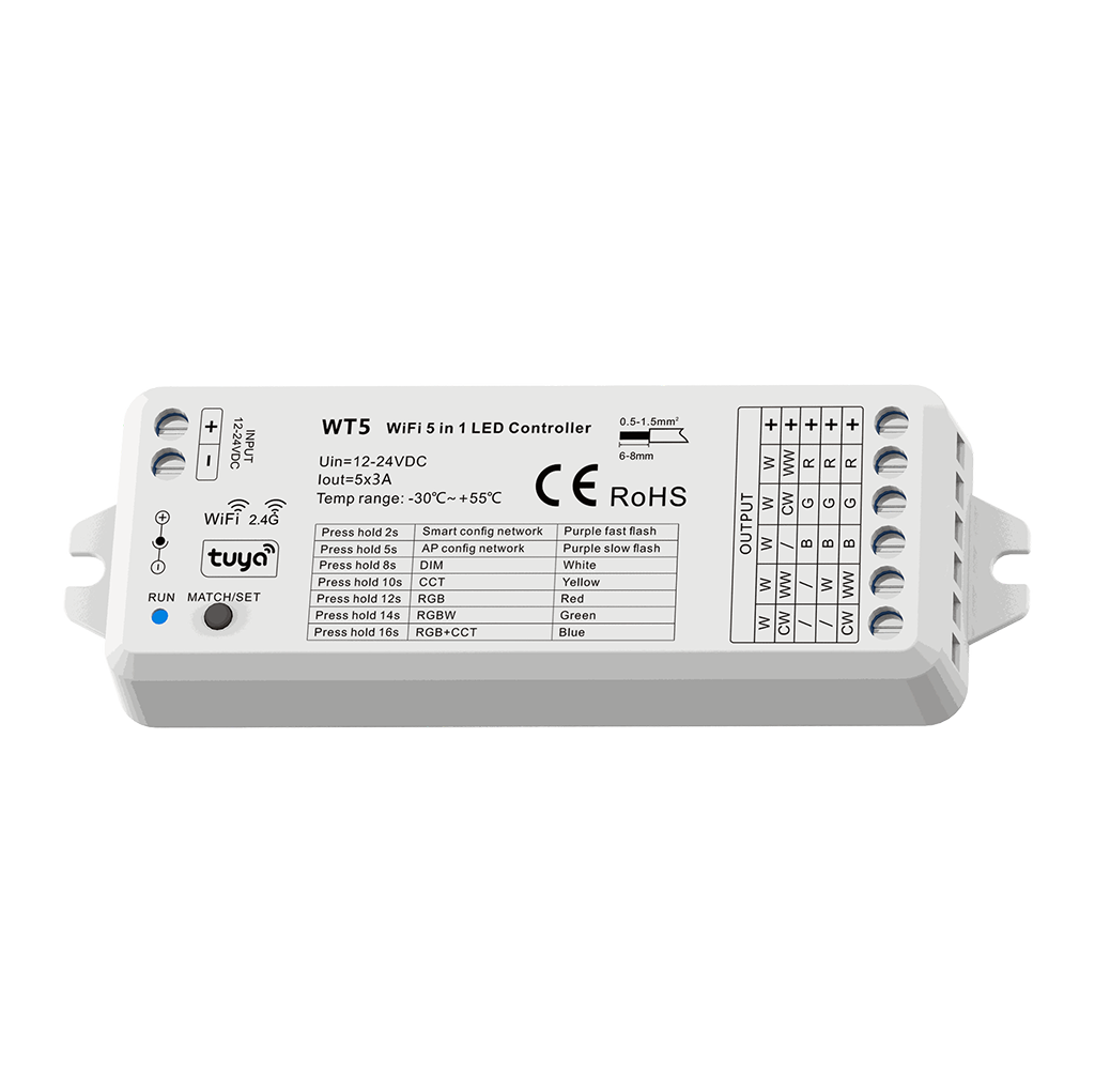 Controlador Wifi & RF 5 en 1 para tira monocolor, bicolor, RGB, RGBW y RGB+CCT. CWUD (SMARTPHONE Y ALEXA)