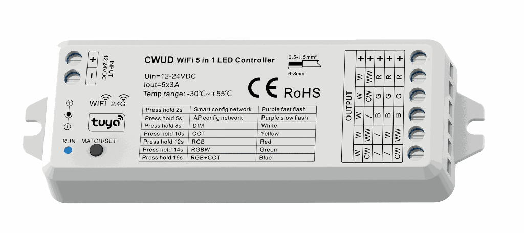 Controlador Wifi & RF 5 en 1 para tira monocolor, bicolor, RGB, RGBW y RGB+CCT. CWUD