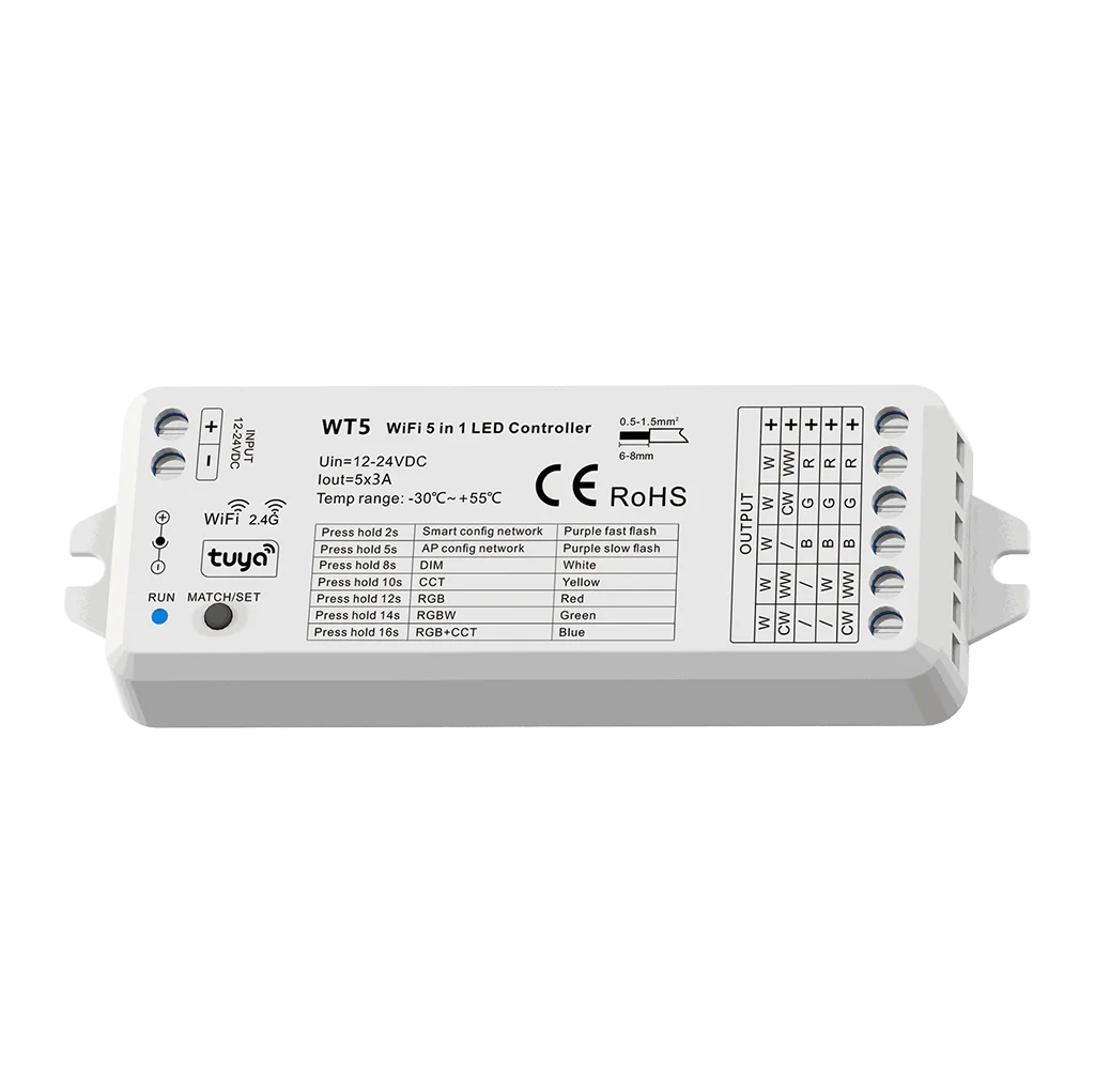 Controlador Wifi 5 en 1 para tira monocolor, bicolor, RGB, RGBW y RGB+CCT