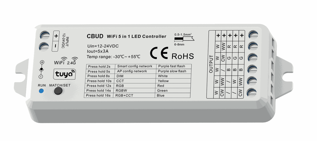 Controlador Zigbee & RF 5 en 1 para tira monocolor, bicolor, RGB, RGBW y RGB+CCT. CBUD