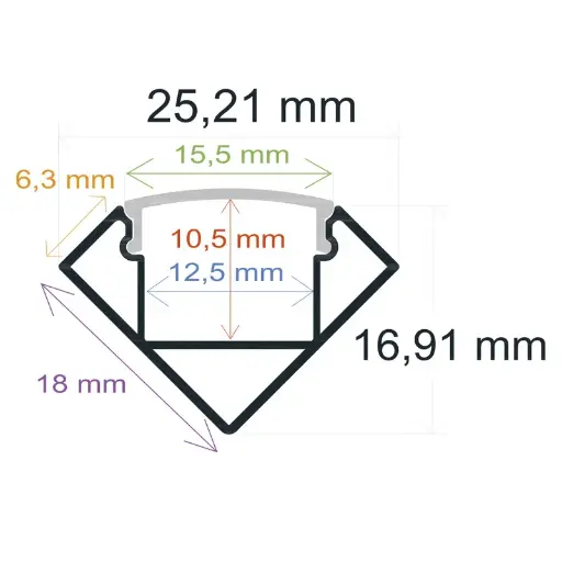[1618181] Perfil LED de esquina reforzado y con embellecedores de 25,21 mm x 16,91 mm blanco
