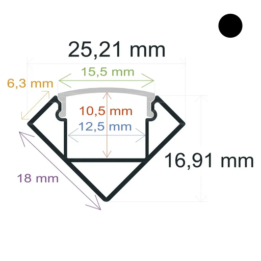 [1618182] Reinforced corner LED profile with white trims, measuring 25.21 mm x 16.91 mm