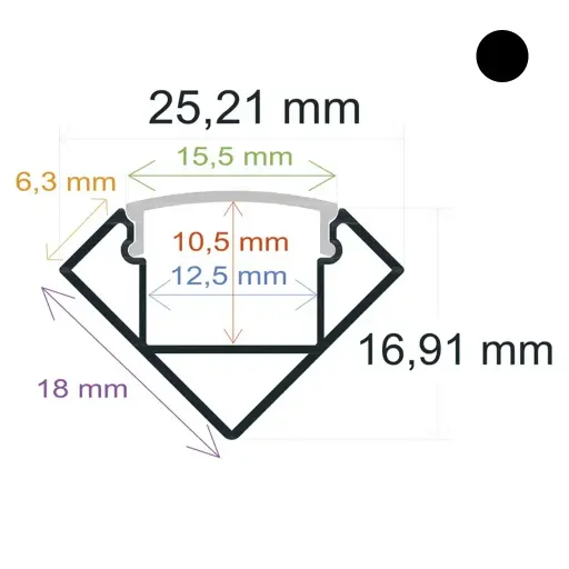 [1618182] Reinforced corner LED profile with white trims, measuring 25.21 mm x 16.91 mm