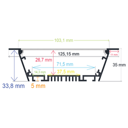 Perfil LED empotrable en techos o paredes de 69,6 mm x 32 mm, Iludec