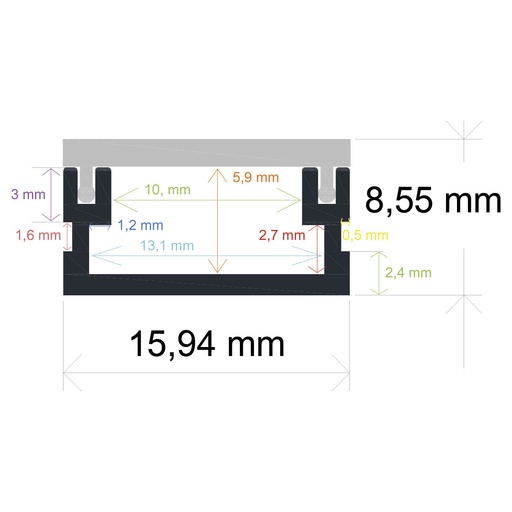 [161609] Perfil LED empotrable en el suelo de interiores de 15,94 mm x 8,55 mm