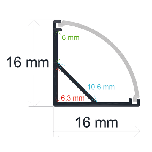 [161615] Profilé LED d'angle avec diffuseur incurvé 16 mm x 16 mm