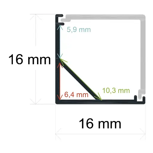 [161616] Profilé LED d'angle avec diffuseur à angle droit 16 mm x 16 mm