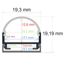 [161919] Perfil LED de superficie con opción colgante y difusor curvo de 19,3 mm x 19,19 mm