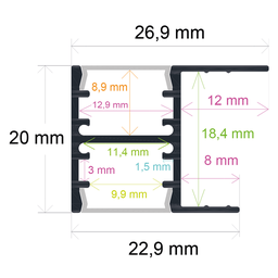 [162620] Perfil LED para muebles con iluminación bidireccional de 26,9 mm x 20 mm