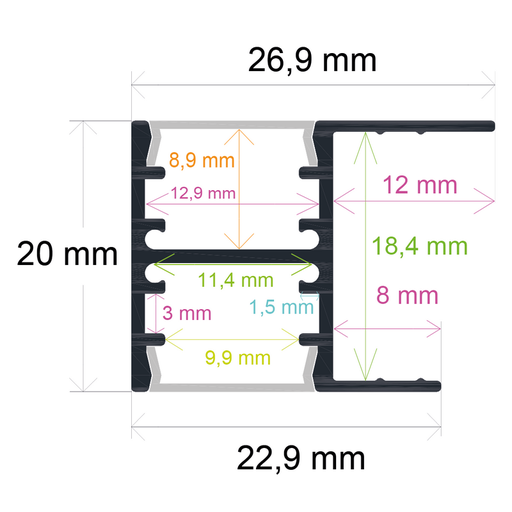 [162620] LED profile for furniture with bidirectional lighting (26.9 mm x 20 mm)