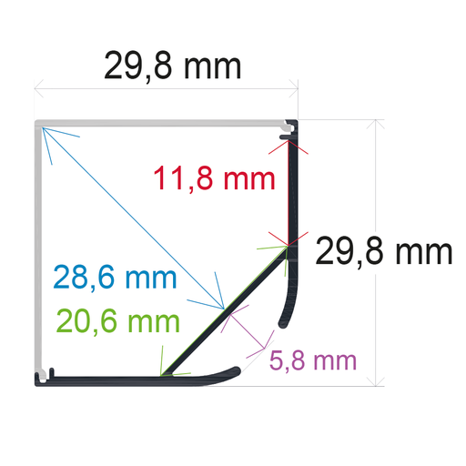 [162930] Profilé LED suspendu avec diffuseur à angle droit, 29,8 mm x 29,8 mm
