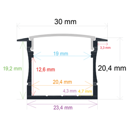 [163020] Perfil LED para empotrar de 30 mm x 20,4 mm