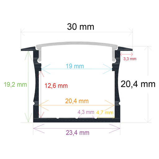 [163020] Recessed LED profile, 30 mm x 20.4 mm