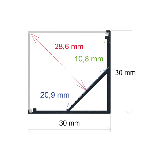 [163031] Profilé d'angle LED avec diffuseur à angle droit 30 mm x 30 mm