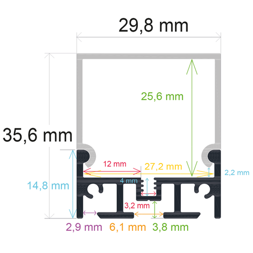 [163036] Perfil LED de superficie con opción colgante de 29,8 mm x 35,6 mm