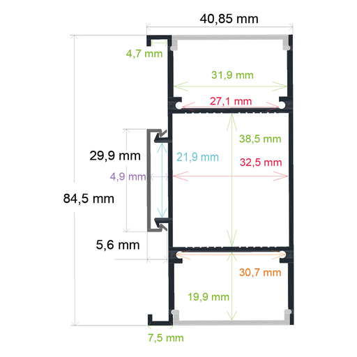 [164084] Perfil LED de pared con iluminación bidireccional de 40,85 mm x 84,5 mm