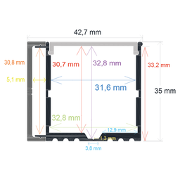 [164235] Perfil LED de superficie con iluminación lateral y opción colgante de 42,7 mm x 35 mm