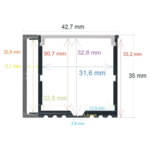 [164235] Profilé LED en saillie avec éclairage latéral et option suspendue, 42,7 mm x 35 mm