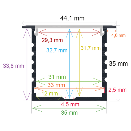 [164435] Recessed LED profile for ceilings or walls, 44.1 mm x 35 mm
