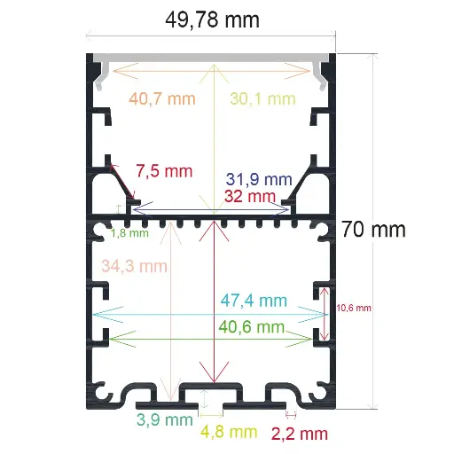 [165070] Profilé LED suspendu ou en saillie, 49,78 mm x 70 mm