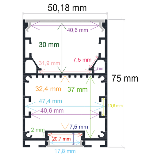 [165074] Profilé LED suspendu avec éclairage bidirectionnel, 50,18 mm x 75 mm